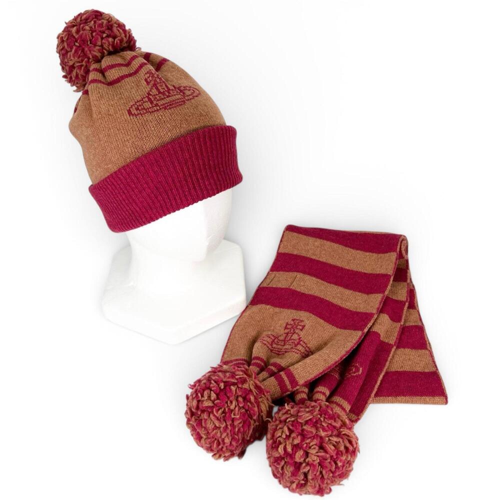 Vivienne Westwood 100% Wool Orb Pattern Pom-Pom Stole Scarf and Knit Hat 2-Pi...